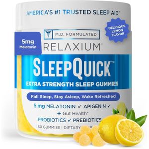 RELAXIUM Sleep Quick Gummy, Sleep Aid Support, 5 mg Melatoni,Vitamin D-3, Prebiotic & Probiotic Blend, Gluten & Drug Free, Lemon Flavor, 60 Gummies