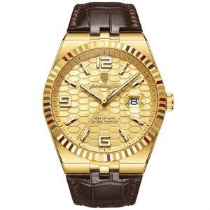 POEDAGAR Men's Luxury Gold Honeycomb Dial Watch with Fluted Bezel and Dark Brown Alligator-Embossed Leather Strap