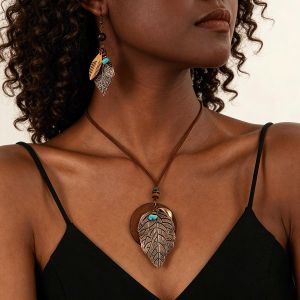 Bohemian Leaf Jewelry Set, Wood and Alloy Accent Necklace and Earrings