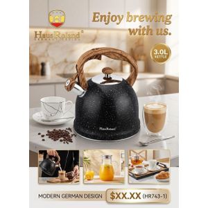 Haus Roland 3.0L Whistling Kettle HR743-1,  Granite Non-Stick Stovetop Tea Kettle with Wooden Handle