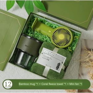 Luxury 3-in-1 Gift Box Set – Mini Hand Fan, Soft Face Towel & Glass Cup With Straw+Carrier bag 