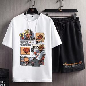 Dou-color Men's "Super Warrior" Anime Graphic T-shirt & Shorts Set