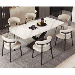 High Quality 6 Seater Dining Table Set - White Marble Top Dining Table With 6 Cream Chairs - Modern V Base Dining Set