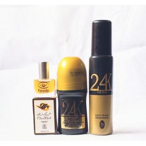 Perfume Special 3 in 1 Combo of Genie Choco Musk Oil Perfume 5ml, 24KBlack Roll On 50ml and 24kBlack Splash Spray 100ml (Unisex perfect use), NAFDAC Number: Musk Oil: A2-105055, Roll On: A2-101005, Splash: A2-101037