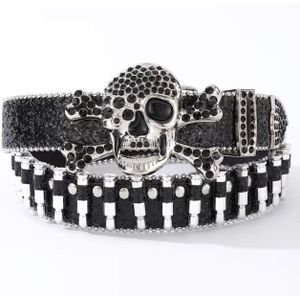 BLACK RETRO GLITTERING RHINESTONE BULLET SKULL BELT Y2K LEATHER PUNK MEN WAIST JEANS BELT