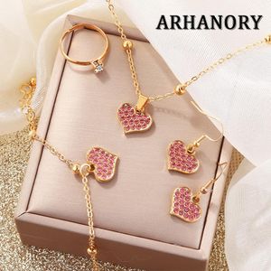 ARHANORY 4 Pieces Set Women Necklace Bracelet Earrings Ring Ladies Heart Shaped Jewelry Trendy Pendant Elegant - Gold