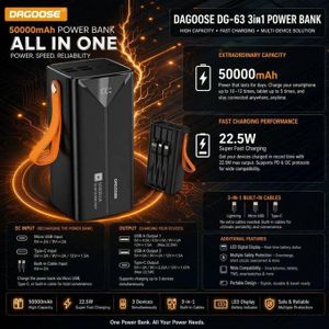 DAGOOSE All-In-One 50000mAh power Bank 22.5w Fast Charging LED Screen With 3in 1 Cable
