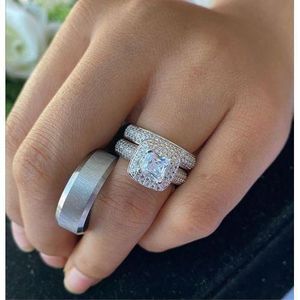 High Quality Complete Couple Ring Set Silver non fading diamond ring