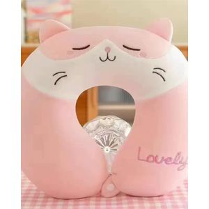 Cute Pink Cat Soft Plush U-Shaped Travel Neck Pillow – Soft Cervical Neck Support Cushion for Airplane, Car, Flight & Office Nap Sleeping