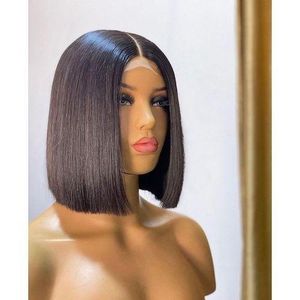 Blunt Cut Chocolate Brown Wig With Middle Part Closure