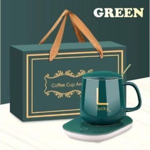 Ceramic Coffee Cup With Heating Pad, Stirring Spoon & Lid- Green