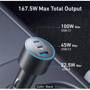Anker  167.5W Car Charger 3-Port GaN (100W + 45W + 22.5W) Fast Charge MacBook Pro, iPhone, Samsung (Sealed, Premium)