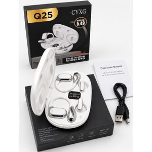 CYXG Q25 2-in-1 Bone Conduction Earbuds Open Ear Clip-On + TWS Wireless 5.4 LED Display, White + silver design