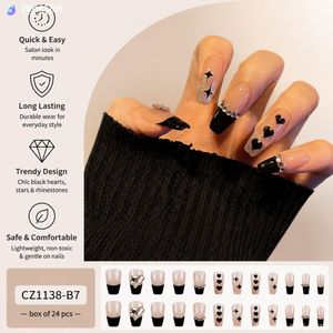 Baolihua 24Pcs Wearing Nails Black French Tip On Nails with Rhinestone & Heart/Star Design, Reusable