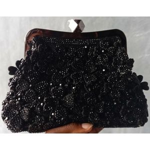 Black 3D Floral Crystal Clutch Bag- Kiss Lock Evening Purse - Luxury Wedding Party Bag for Women
