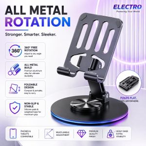 Electro 360° Rotating All-Metal Phone & Tablet Stand – Foldable, Anti-Slip Desktop Holder 