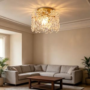 Crystal glass ceiling light, three-color dimming, Nordic style wrought iron gold-plated chandelier.