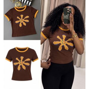 Women's Brown Floral Print Round Neck Short Sleeve T-Shirt