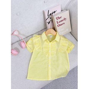 Chic & Sweet: Kids' Yellow Striped Ruffle Semi-transparent Lightweight & Breathable Shirt.