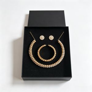 3Pcs Full Round Rhinestone Jewelry Set Gold Plated Choker Necklace Round Stud Earrings Open Cuff Bracelet Luxury Sparkling Women Jewellery Gift For Wedding Party Banquet Evening Daily Dress Matching Accessories