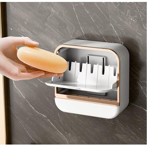 Wall Mount square Soap Box, Flip Lid Soap Dish with Drain Tray, No Drilling Waterproof Self-Adhesive Soap Holder, Bathroom Kitchen Shower School Gym Soap Organizer, White