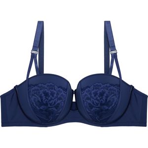 Binnys Affordable Navy blue Hollow-out Deep V Floral Lace Non-Removable Pads Adjustable Strap Women Daily Commuting Balconette Bras