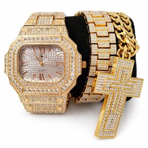 2024 Iced Studded Men Gold Watch with Bracelet , Steel necklace and cross