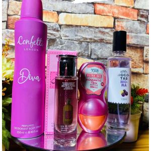 MOUSUF wardi 30ml & Confetti Diva  Body spray 250ml & Monogotas Mora 100ml & Tag ultra roll on