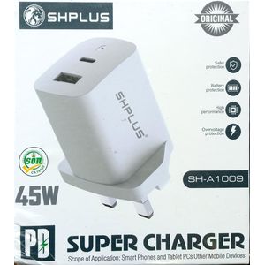 SHPLUS 45W Type-C Fast Charger Dual USB-C/USB-A PD Wall Adapter with Type C USB Cable for iPhone 17/17 Pro Max, iPad Pro Air, Huawei, Redmin Xiaomi, Samsung S24/S25 Overcharge Protection 