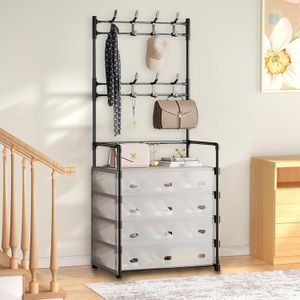 4 Layer Coat Rack with Shoe Storage Cabinet Entryway Hallway Hat Bag and Clothes Stand Black
