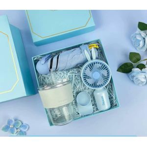 Elegant 3 in 1 Gift Set – Glass Cup, Foldable Umbrella & Mini Hand Fan