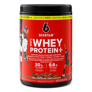 Sixstar Whey Protein Powder Plus - Ultimate Muscle Building Formula with Whey Protein Isolate & Peptides - 30g of Protein & 6.6g of BCAA - Rich Triple Chocolate Flavor, 37 Servings (Pack of 1)