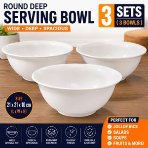 3PCS Large Deep Round Serving Bowl Set – White Ceramic Soup, Salad & Food Serving Bowls