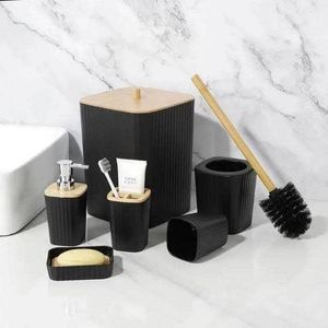 6 Pieces Bathroom Accessory Set with Soap Dispenser Toothbrush Holder Soap Dish Tumbler Cup Waste Bin and Toilet Brush Bamboo and Plastic Bathroom Set