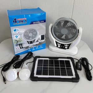 4-in-1 Rechargeable Desk Fan 7-inch+ Solar Panel + Two Light Bulbs + Phone Charging Capability