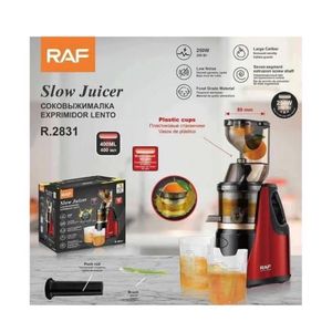 RAF Slow Juicer (Model R.2831), a red 250W masticating slow juicer with an 80 mm extra-large feeding chute.