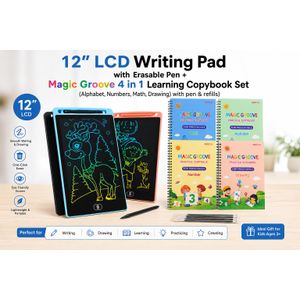 12" LCD Writing Pad with Erasable Pen + Magic Groove 4 in 1 Learning Copybook Set(Alphabet, Numbers, Math, Drawing) with pen & refills)