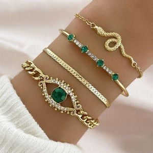 4PCS Green Gemstone Stackable Chain & Cuff Bracelets Women's Gold Rhinestone Bracelet Set
