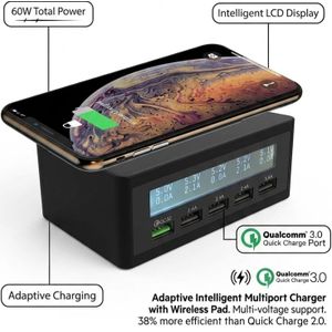 60w Qi Wireless Charging Multi-Port USB Wireless Fast Charging Station Hub, Smart LCD Display Desktop Charger with Qualcomm Quick Charge 3.0 and Type-C Port for iPhones, Samsung, Xiaomi, Huawei Smartphones & Tablets