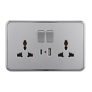 Double Universal Switched Wall Socket with USB-A & Type-C Ports (Silver & Chrome Finish)