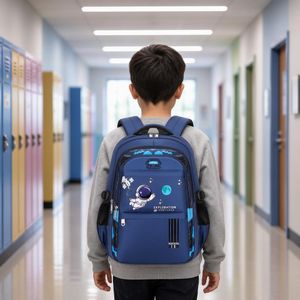 Boys School Bag Astronaut Space Backpack – Large WATERPROOF Primary for Kids Grades 3-6, Blue Children Schoolbag with Side Mesh Pockets
