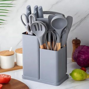 19-Piece Grey Kitchen Utensil and Knife Set with Storage Holder, Silicone Cooking Tools and Knives with Natural Wooden Handles for Home Kitchen