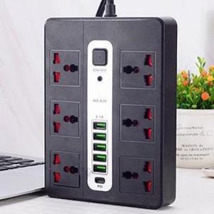 Power Strip with 6 Outlets 5 USB Ports 1 PD Port Flat Extension Cord Power Strip-Black