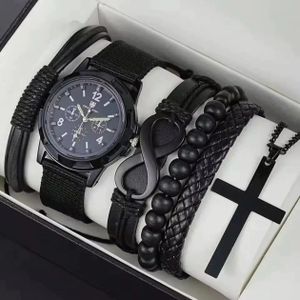 GALUIN Men's Bracelet Watch Canvas Strap Simple Digital Cross Necklace Casual All-match Fashion Watch-Black