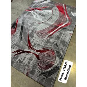 Modern Abstract Area Rug - Grey & Burgundy Red Geometric Design