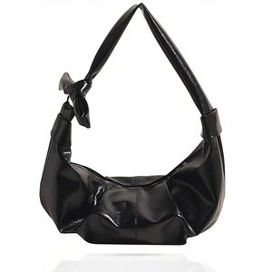 Leather Crossbody Bags For Women Shoulder Purse Handbags Wrinkle Dumpling Bags Glossy Black