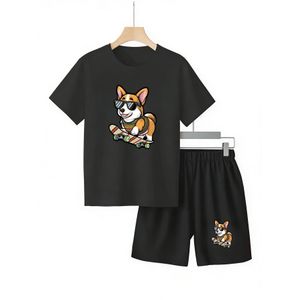 Boys' Summer Cartoon Corgi Skateboard Print Short-sleeve T-shirt + Shorts Casual Set