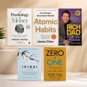 The Psychology of Money by Morgan Housel, Atomic Habits by James Clear, Rich Dad Poor Dad by Robert Kiyosaki, Ikigai, and Zero to One
