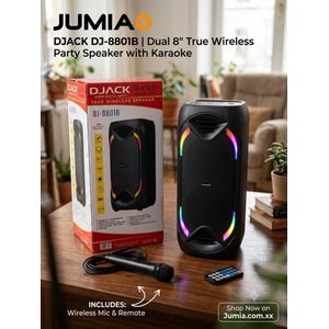 Djack Dual 8" True Wireless Party Speaker with Bluetooth, Karaoke Mic & Remote