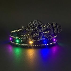LED Light Up Pirate Skull Rivet Belt, Hip Hop Street Style Rhinestone Studded Waist Belt For Men Casual Jeans Belt